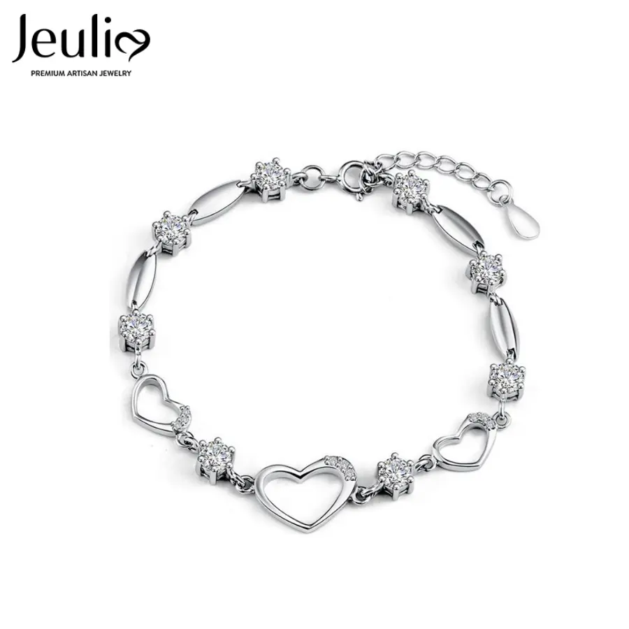 Jeulia Women's Heart Shaped 925 Sterling Silver Bracelet - Dainty Heart Link Chain, Elegant and Feminine Design, Adjustable 160+25 mm, Round Accents, Unisex Fine Jewelry, Anniversary Gift with Gift Box