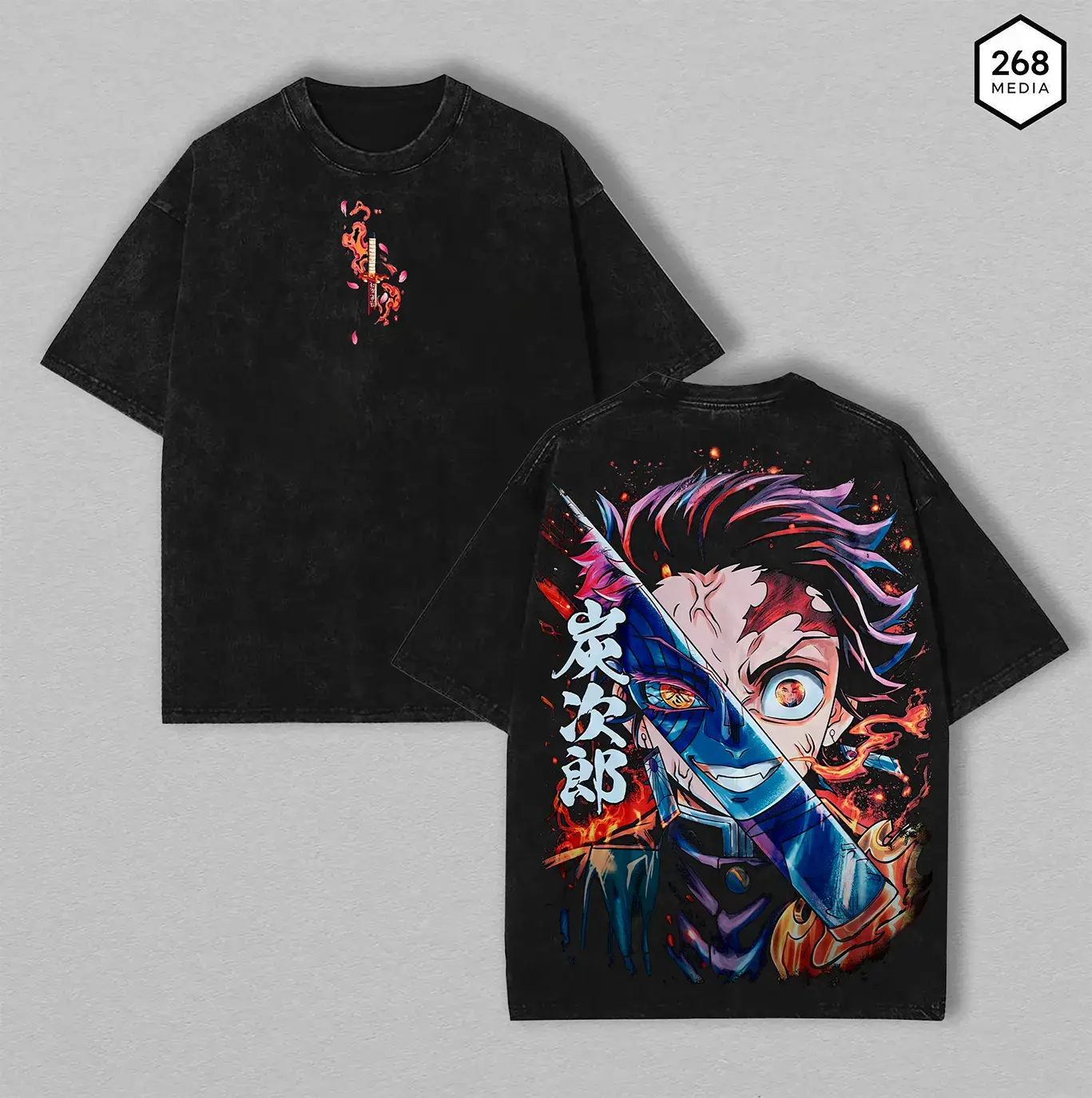 Demon Slayer Kamado Tanjiro T-Shirt, Unisex Oversized Vintage Wash Heavyweight Cotton Short Sleeve Streetwear Top with Anime Graphic, Apparel, Shortsleeve, Tops, Menswear, Classic, Seamless, Shoulder Tape