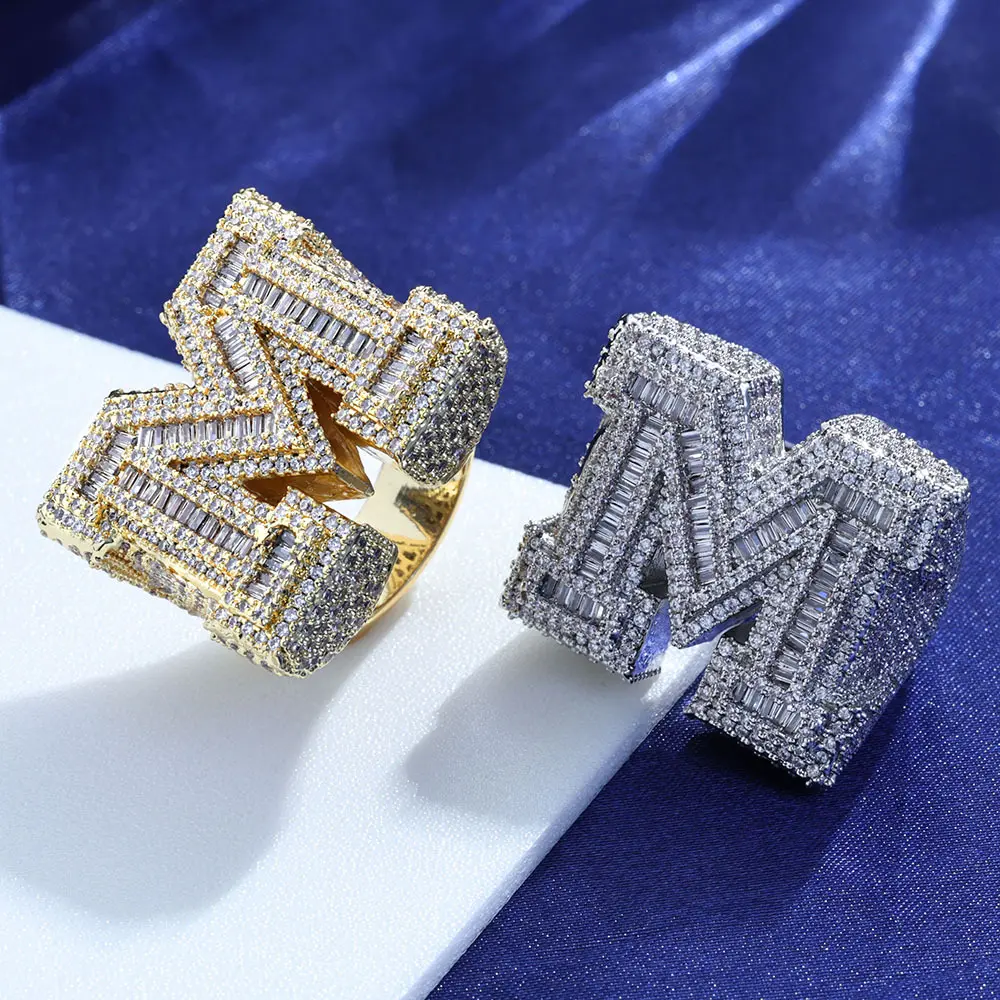 Men's Iced Out Alphabet Letter Ring with Initial M, Hip Hop Style Pave Multi-Gemstone Jewelry Gift for Couples