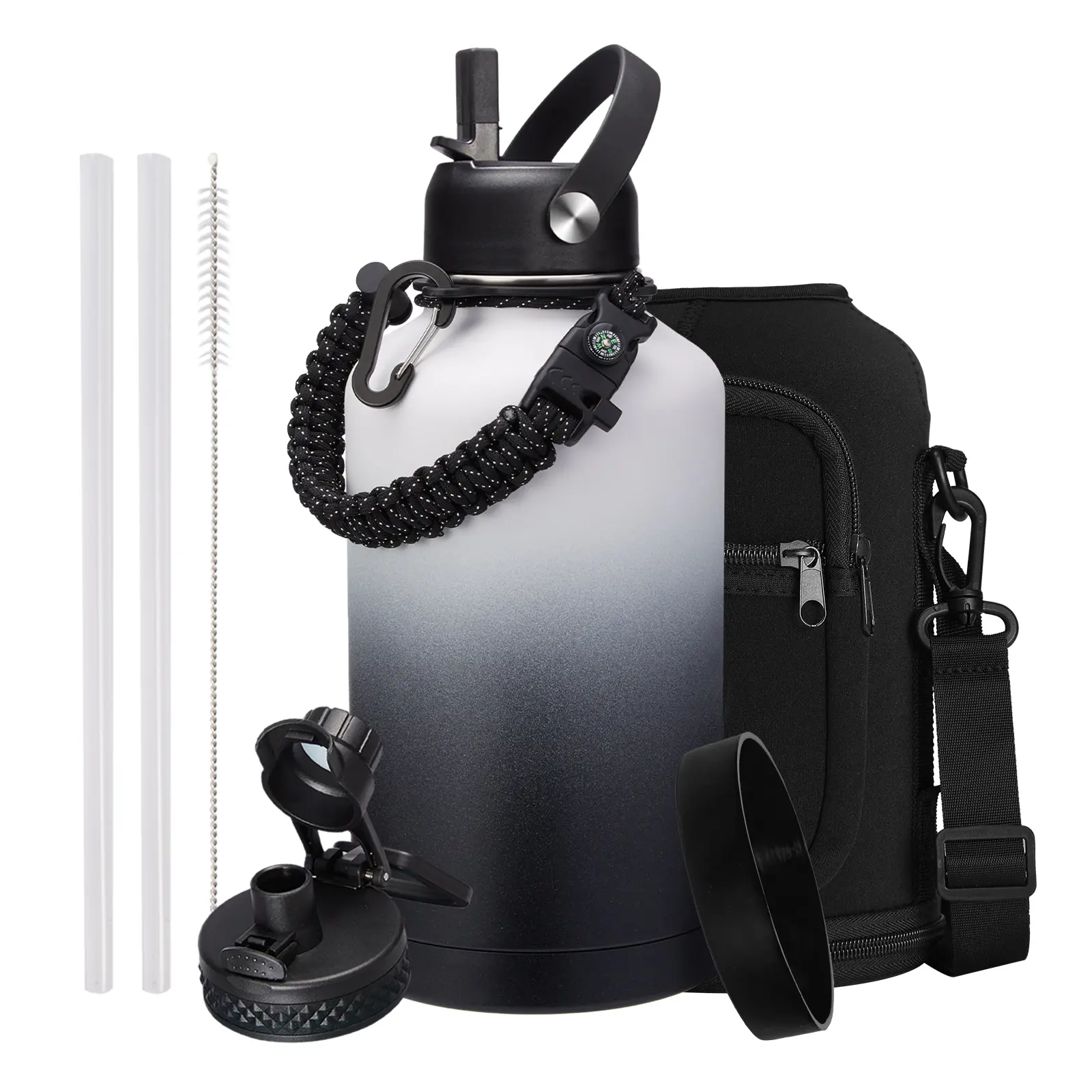 128/64/40/32 oz Water Bottles Insulated - Cold 48H Hot 24H, Half Gallon Water Jug Thermo w/Straw & Spout Lid, Handle Strap Carrier Bag, Leak Proof 2Liter Stainless Steel Flask for Gym Sports Work