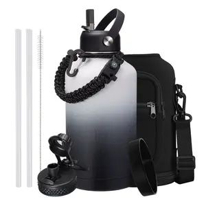 128/64/40/32 oz Water Bottles Insulated - Cold 48H Hot 24H, Half Gallon Water Jug Thermo w/Straw & Spout Lid, Handle Strap Carrier Bag, Leak Proof 2Liter Stainless Steel Flask for Gym Sports Work