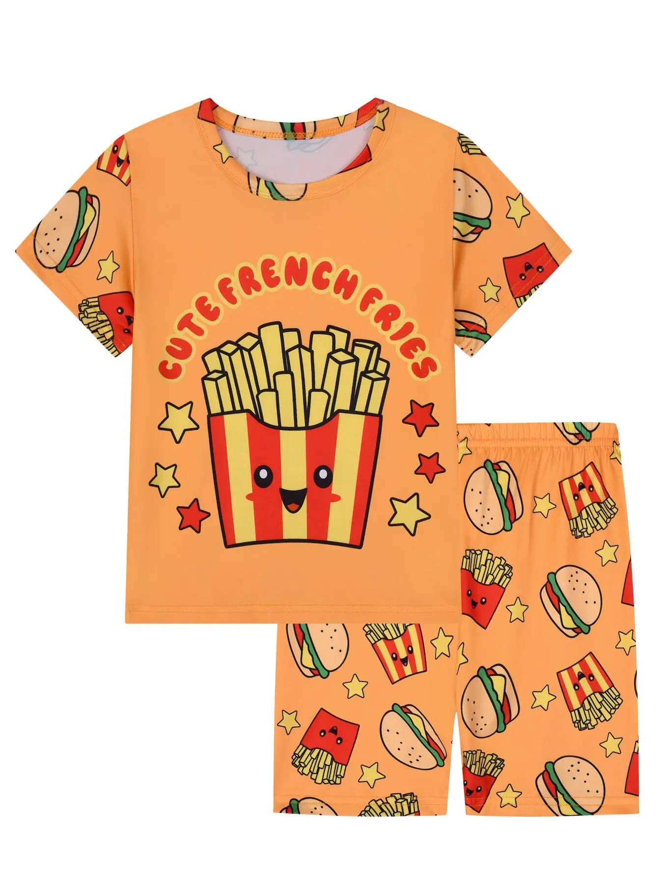 Boy's Cartoon French Fries & Burger Print Pajama Pattern Two-Piece Set, Casual Comfy Round Neck Short Sleeve T-Shirt & Shorts PJ Set, Cartoon Pattern Pajamas, Kids Sleepwear for Summer