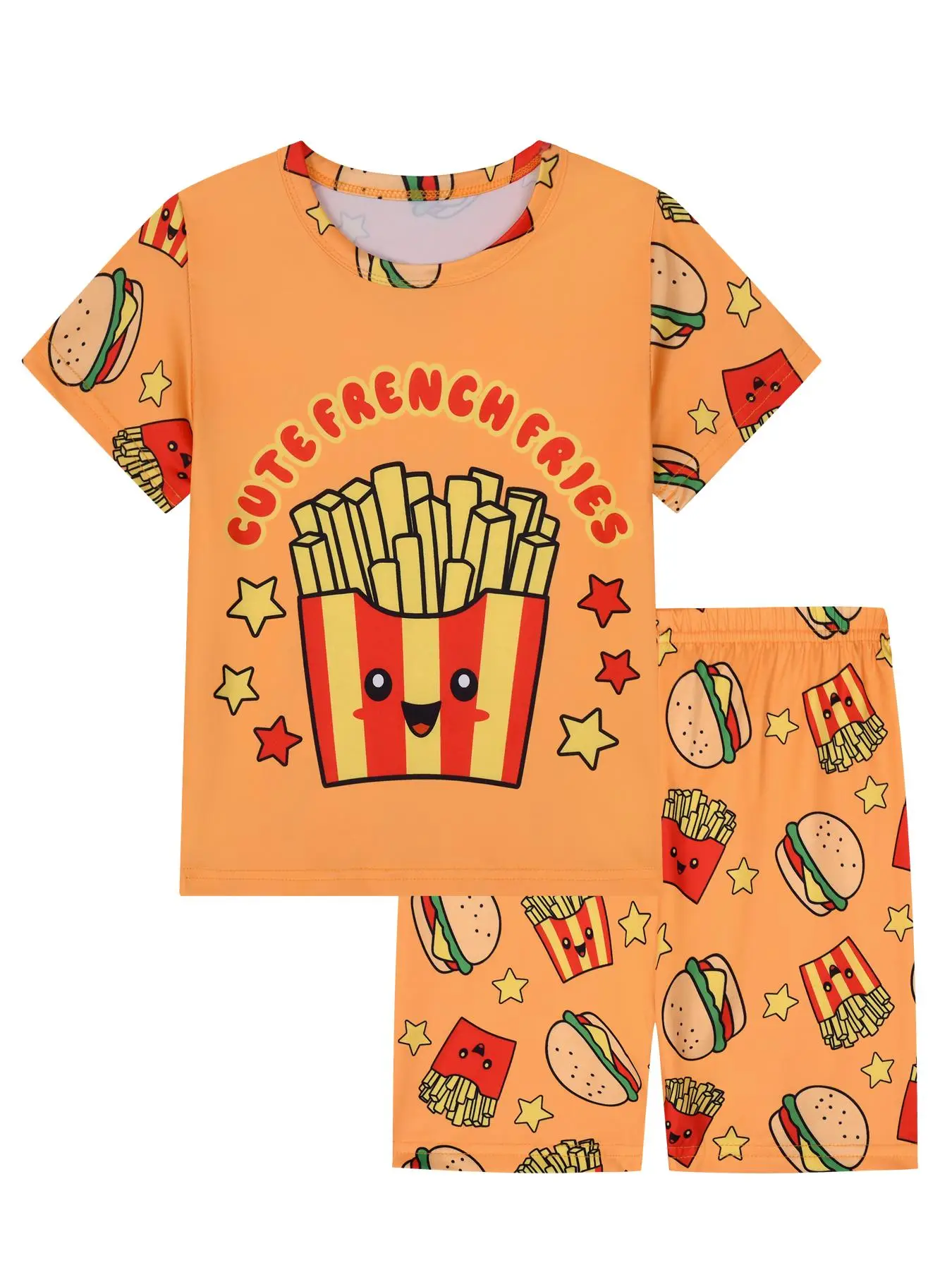 Boy's Cartoon French Fries & Burger Print Pajama Two-Piece Set, Casual Comfy Round Neck Short Sleeve T-Shirt & Shorts PJ Set, Kids Sleepwear for Summe