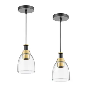 【Summervibes】VEVOR 1-Light Pendant Light 2 Pack Kitchen Island Lights with Clear Glass Shade & Hanging Cord Black and Gold Finish Adjustable Height Pendant Lighting for Bedroom Hallway Entryway Kitchen