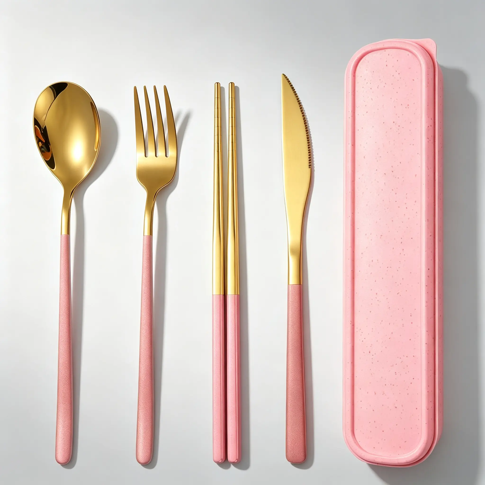 travel  cutlery，Pink Gold Portable Utensils Set, 304 Stainless Steel Reusable Flatware with Wheat Straw Carrying Case, 5-Piece Travel Cutlery Set Includes Spoon Fork Knife Chopsticks for Lunch Camping School Office dishwasher safe