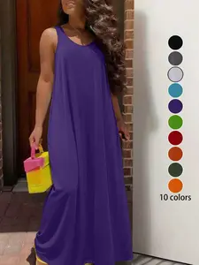 Plus Size Women's Solid Color Sleeveless Long Dress, Casual Versatile Daily Wear with Pockets, Round Neck, 10 Colors Available