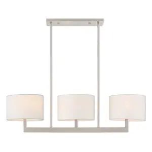 11 inch 3 Light Brushed Nickel Linear Chandelier with Hand Crafted Off-White Fabric Outside & White Fabric Inside Hardback Shade