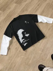 Men's Round Neck Pullover Loose Long Sleeve T-Shirt, Face Portrait Print, Fashion Versatile Casual Wear, Trendy American Vintage Streetwear Street Style