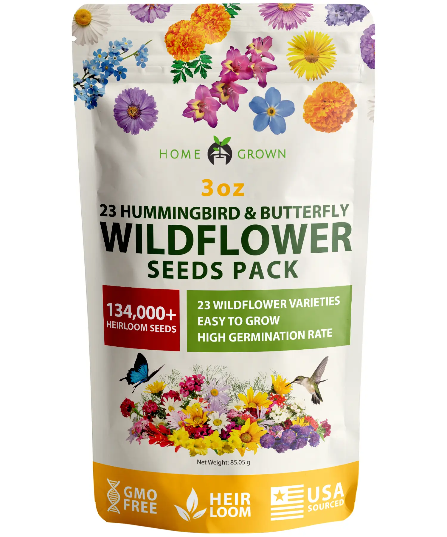 HOME GROWN 130,000+ Wildflower Seeds - Premium Birds & Butterflies Wildflower Seed Mix [3 Oz] Flower Garden Seeds - Bulk Wild Flowers: 23 Wildflowers