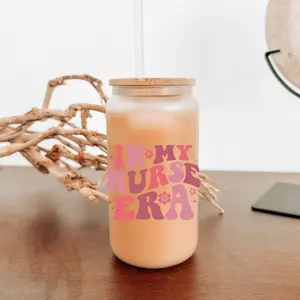 In my nurse  era glass cup Drinkware Coffee beer christmas tumbler christmas iced friend gift straw coffee tumbler drinking glass funny coffee cute mug woman drinkware clear can shaped birthday mugs Bottles wa water drink with Bamboo Lid and Straw glass t