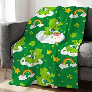 Green Bear Flannel Blanket – Cute Cloud Decor with Shamrocks and Rainbows | Soft and Cozy for Home, Camping, Office | Perfect Gift for Festive Celebrations | All-Season Use