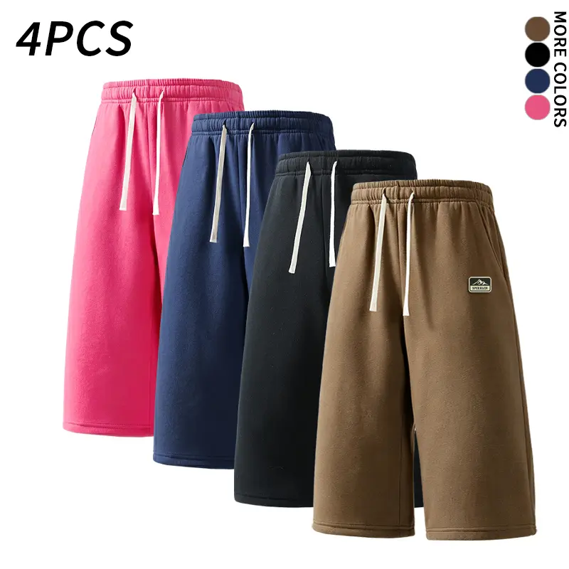 4 Pack Men Wide Leg Calf Length Capri Sweat Shorts Soft Plush Fabric Elastic Drawstring Loose Casual Athletic Shorts With Side Pockets Breathable Jogging Street Shorts Multi Solid Color Daily Bottoms Lightweight Summer Essential For Hot Weather