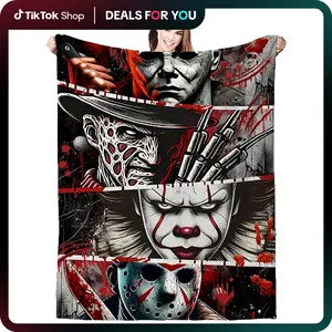 Ultra-Soft  Horror Movie Flannel Throw Blanket - Spooky Halloween Blankets Skin-Friendly, for Sofa, Bed, Office, Travel & Camping Holiday Fans Gift