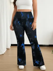 Plus Size Women's Tie Dye Lantern Pants High Elasticity Long Tight Fit, Ruched Details, Perfect for Fall Wear