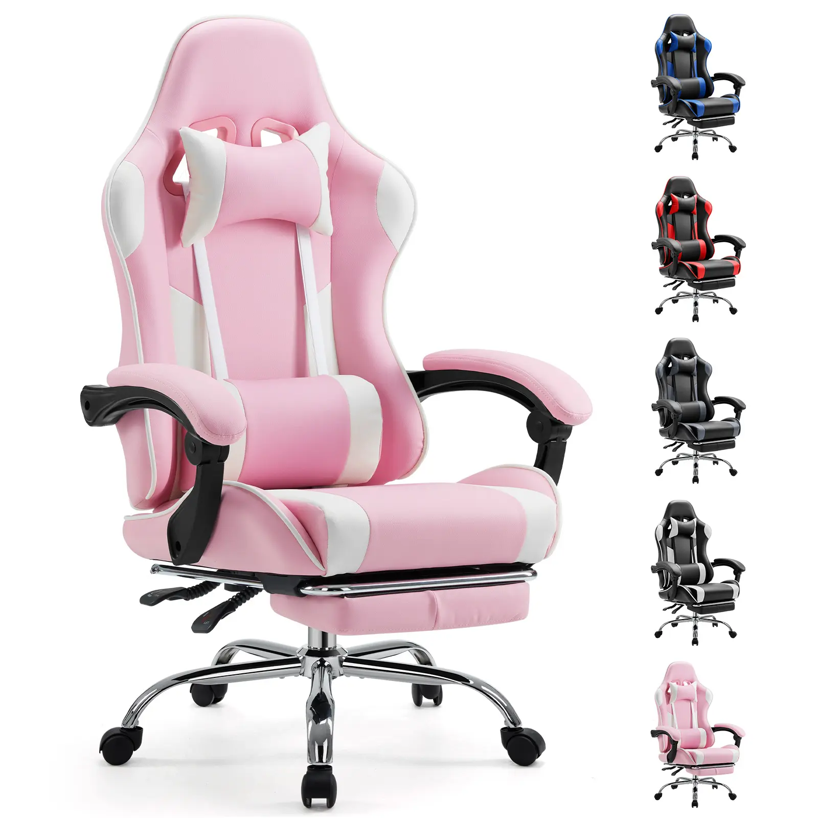 Ergonomic PU Leather Ergonomic Gaming Chair & Office Chair, Height-Adjustable, 360° Swivel Seat with Footrest, Headrest, High Resilience, Easy Assembly for Office, Gaming Use