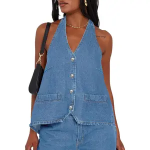 Lannew Womens Halter Denim Vest Tops Summer Open Back Y2K Going Out Tank Tops V Neck Button Down Jean Shirts