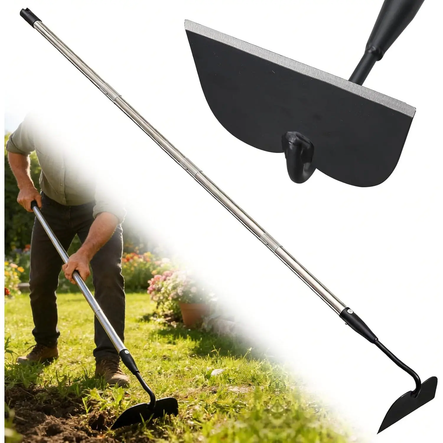 Garden Hoe for Weeding, Heavy Duty Draw Hoe Garden Tool for Plowing,Cultivating,Trenching, Ridging,Tilling Loosening Soil,Scraping Weeder with 60" Handle for Stand Gardening, Reduce