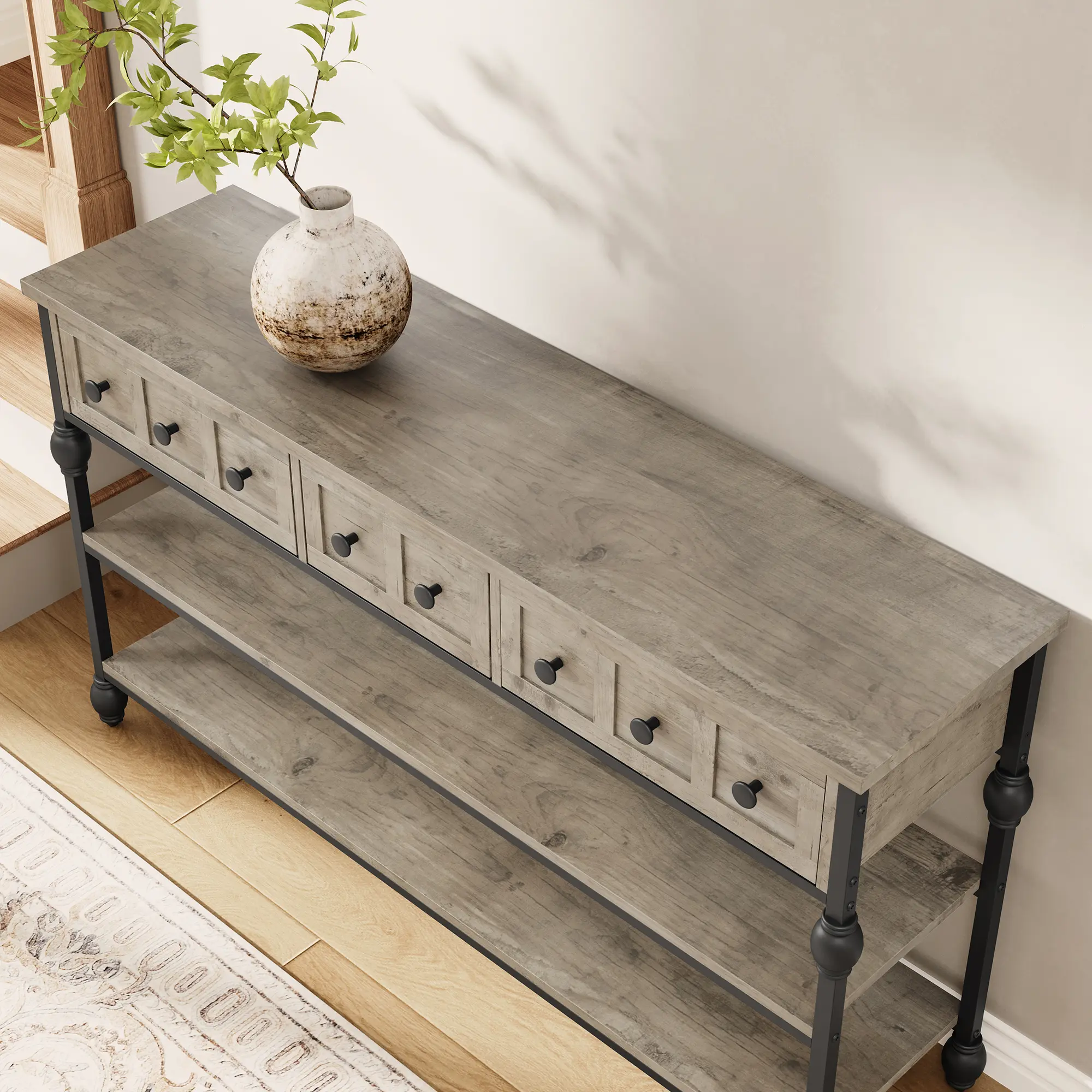 52.5" Industrial Console Table, 3 Storage Drawers & 2 Open Shelves – Narrow Sofa Table for Hallway, Living Room or Foyer, Farmhouse Accent in Stylish Grey Finish