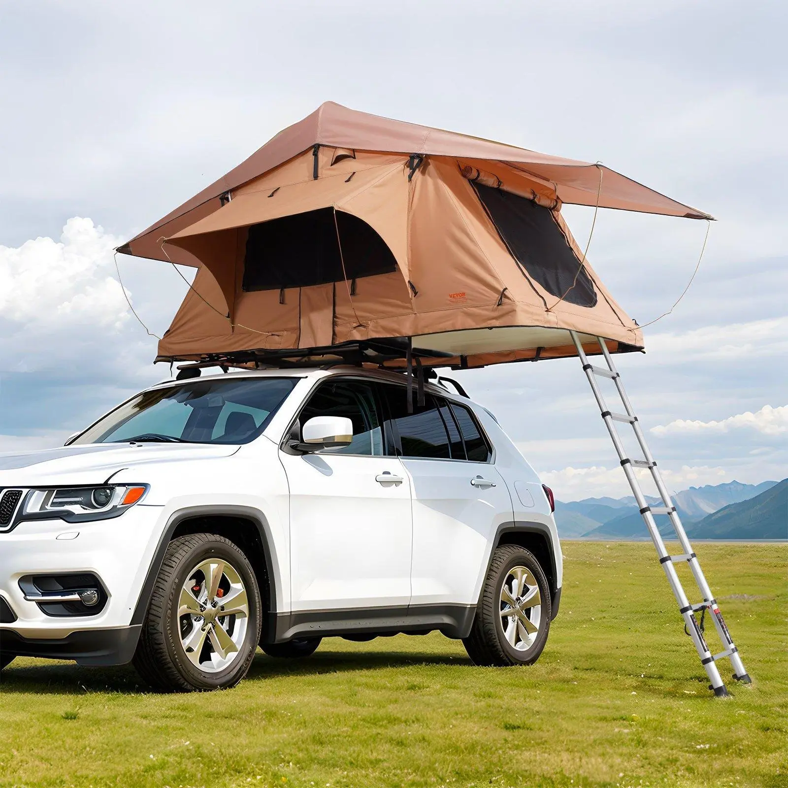Triangle Hard Shell Rooftop Tent with Inflatable Poles, Sturdy Waterproof Oxford Fabric, Fits 2+1 Persons, Includes Adjustable Aluminum Ladder & LED Light, 7.5Ft Ladder, Foldable, Velcro Straps