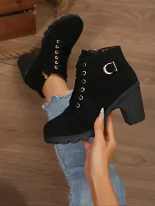 Elegant Stylish High Heel Single Shoe Boots, Buckle Decoration, Suitable for Outdoor Daily Wear, All-Season Fashion Footwear