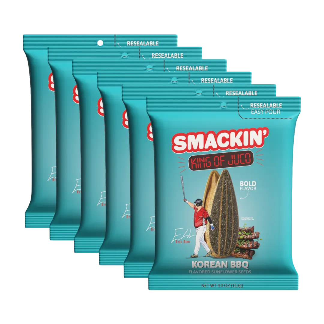 SMACKIN' Sunflower Seeds KING OF JUCO'S KOREAN BBQ - 6 Resealable 4 OZ Bags SMACKIN' Sunflower Seeds KING OF JUCO'S KOREAN BBQ - 6 Resealable 4 OZ Bags