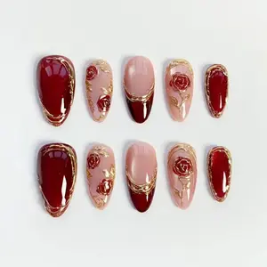 Burgundy Nails/Sparkle Press on nails long almond nails/Dark Red Cat Eye Nails