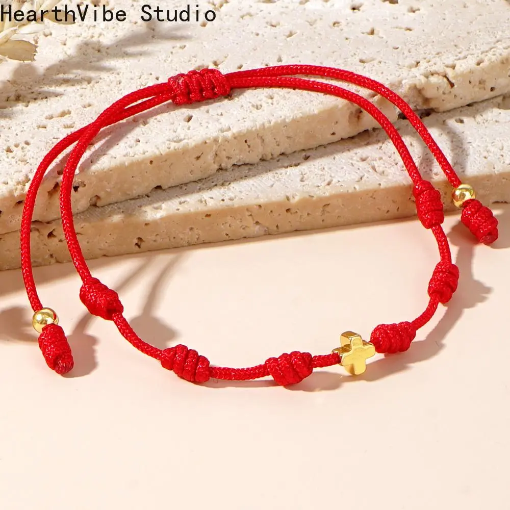 Women's Fashionable Bracelet, Bohemian Red String with Cross Charm and 4mm Copper Beads, Adjustable Peruvian Knot for Casual Daily Wear, Female, Ethnic