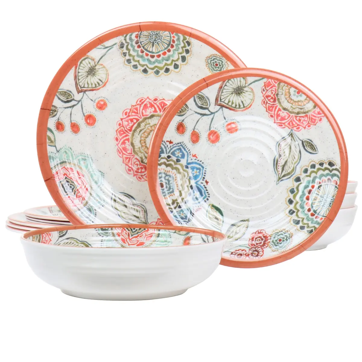 212 MAIN Elama EL-ESTER Ribbed Texture Melamine Dinnerware Set - 12-Piece, Colorful Motif with Mandala Print, Includes Plates and Cutlery for Outdoor Events