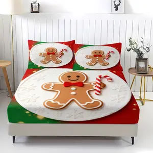Set of 3 Christmas Collection Gingerbread Man Pattern Fitted Sheets, Comfort Printed Pattern, Includes 1 Flat Sheet and 2 Pillowcases, Comfortable Bedding, Anti-Slip Dust Cover for Bedrooms and Guest Rooms, Great Gift for Kids and Adults