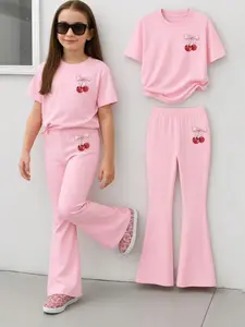 Teen Girl Cherry Fruit Pattern Short Sleeve Top & Matching Pants Set, Casual Sportswear Suit for Daily Comfort Wear, All Season Fitted Style