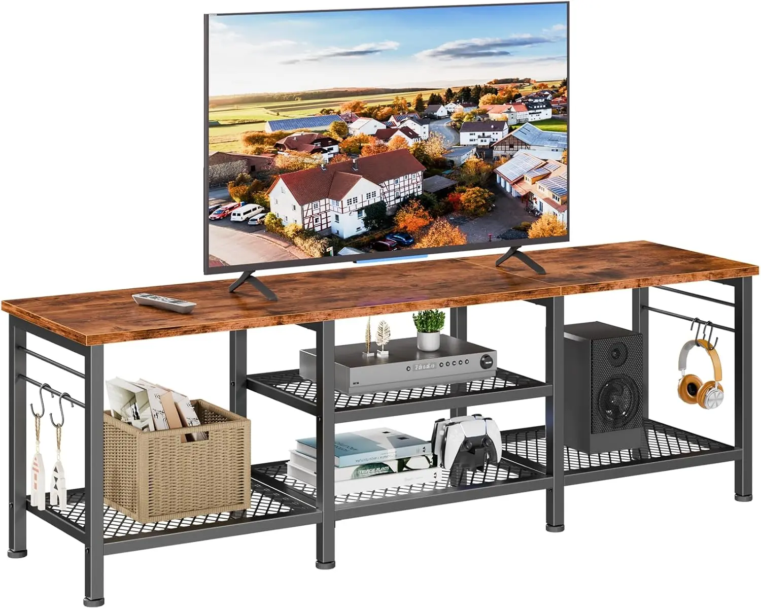 Rustic Brown TV Stand for TVs Up to 65-Inch, Indoor Furniture Entertainment Center with Open Storage Shelves & Soundbar Shelf for Living Room, Bedroom