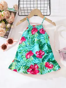 Girls Summer Cool Dress, Tropical Print Halter Ruffle Dress, Skin-Friendly Breathable, Beach Vacation Picnic First Choice
