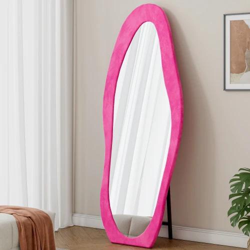 Flannel Wrapped Wooden Frame Minimalist Floor Mirror Irregular Wavy Design Living Room Furniture Decorative for
