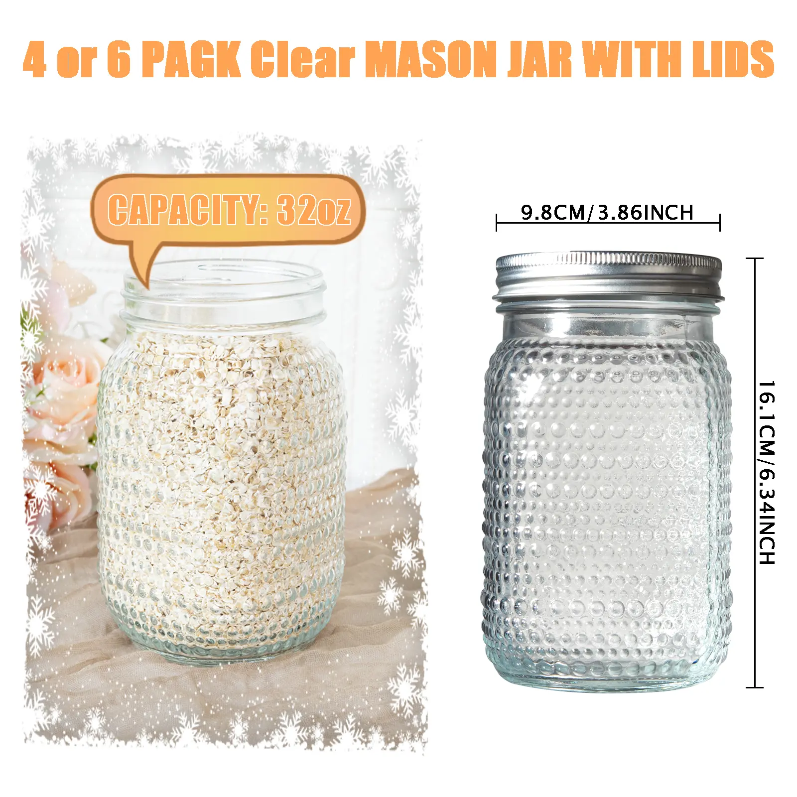 4/6 Pack 32 oz Clear/ Blue/ Green/ Pink Diamond Series Wide Mouth Mason Jars for Pickling, Canning, Fermenting and Food Storage for Storing For Storing All kinds of Food