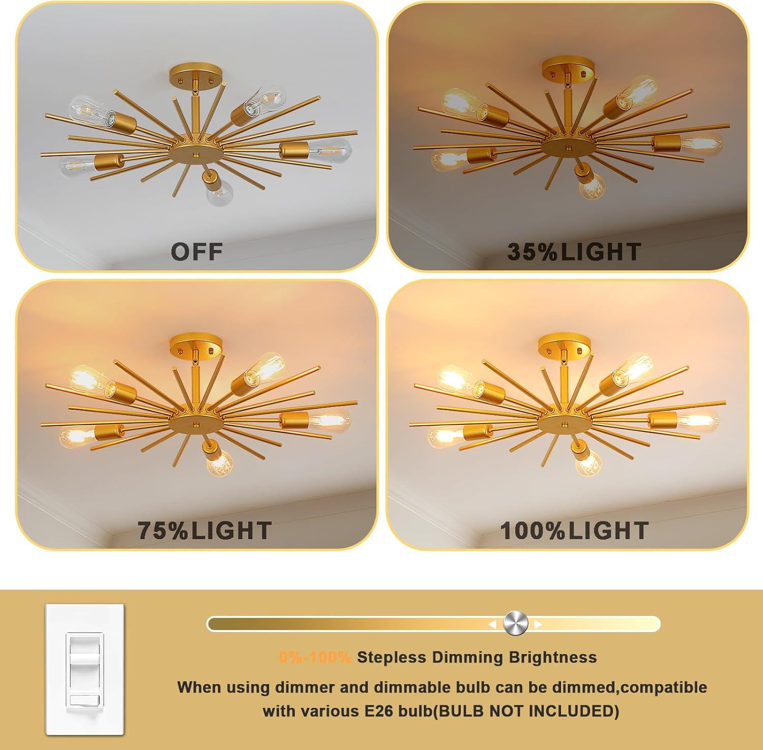 Gold Semi Flush Mount Ceiling Light, 27.5" 5-Light Large Sputnik Modern Mid Century Ceiling Light for Kitchen Entryway Bedroom Living Room