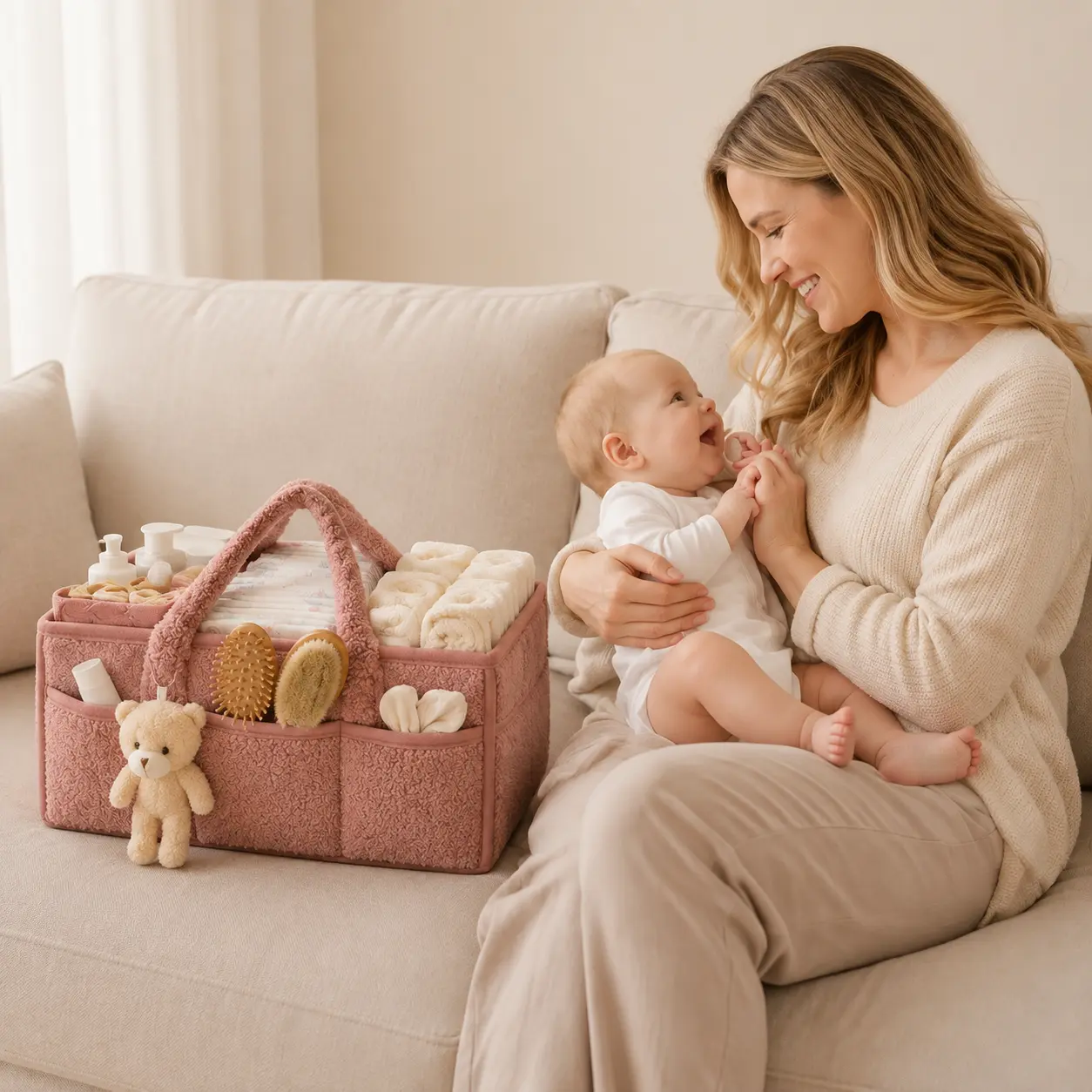 Multi-Purpose Portable Diaper Caddy Organizer with Handle - Nursery, Car Storage Bin for Diapers, Wipes, Newborn Essentials, Gender-Neutral Baby Shower Registry Gift