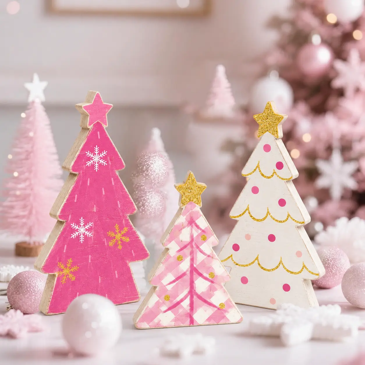 Indoor Christmas decorations, pink snowflake star tree home decor | Wooden winter Christmas dining table decoration, farmhouse-style Christmas party centerpiece, tiered tray decor for kitchen mantel and office gifts