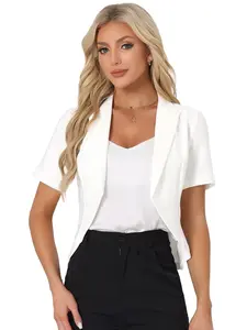 INSPIRE CHIC Business Casual Lapel Short Sleeve Open Front Cropped Work Office Blazer