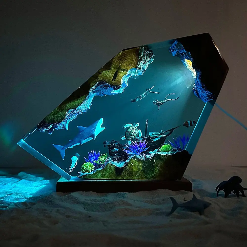 Modern Resin and Wood Diorama Lamp, Lighted Ocean Scene with Shark, Turtle, or Diver, USB Desk Night Light, Unique Wedding or Graduation Gift for Friend