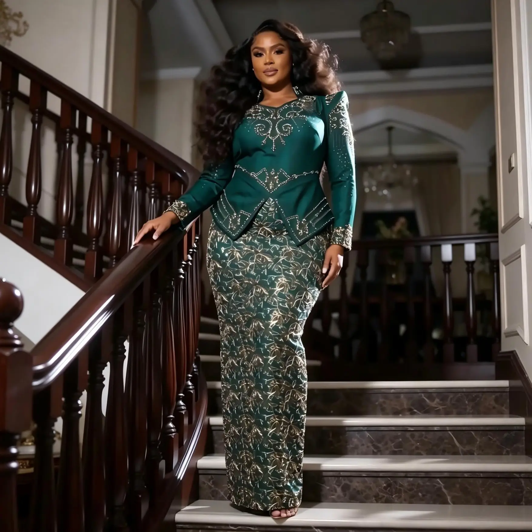 Plus Size Sequin Gown, Elegant Green Long-Sleeve Formal Evening Maxi Dress for Parties and Banquets, Elegant Dresses For Women, Party Fit