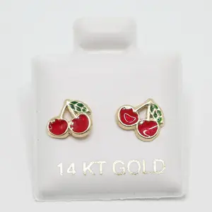 14K Gold Cherry Duo Stud Earrings - Red Enamel & Green Leaf Design