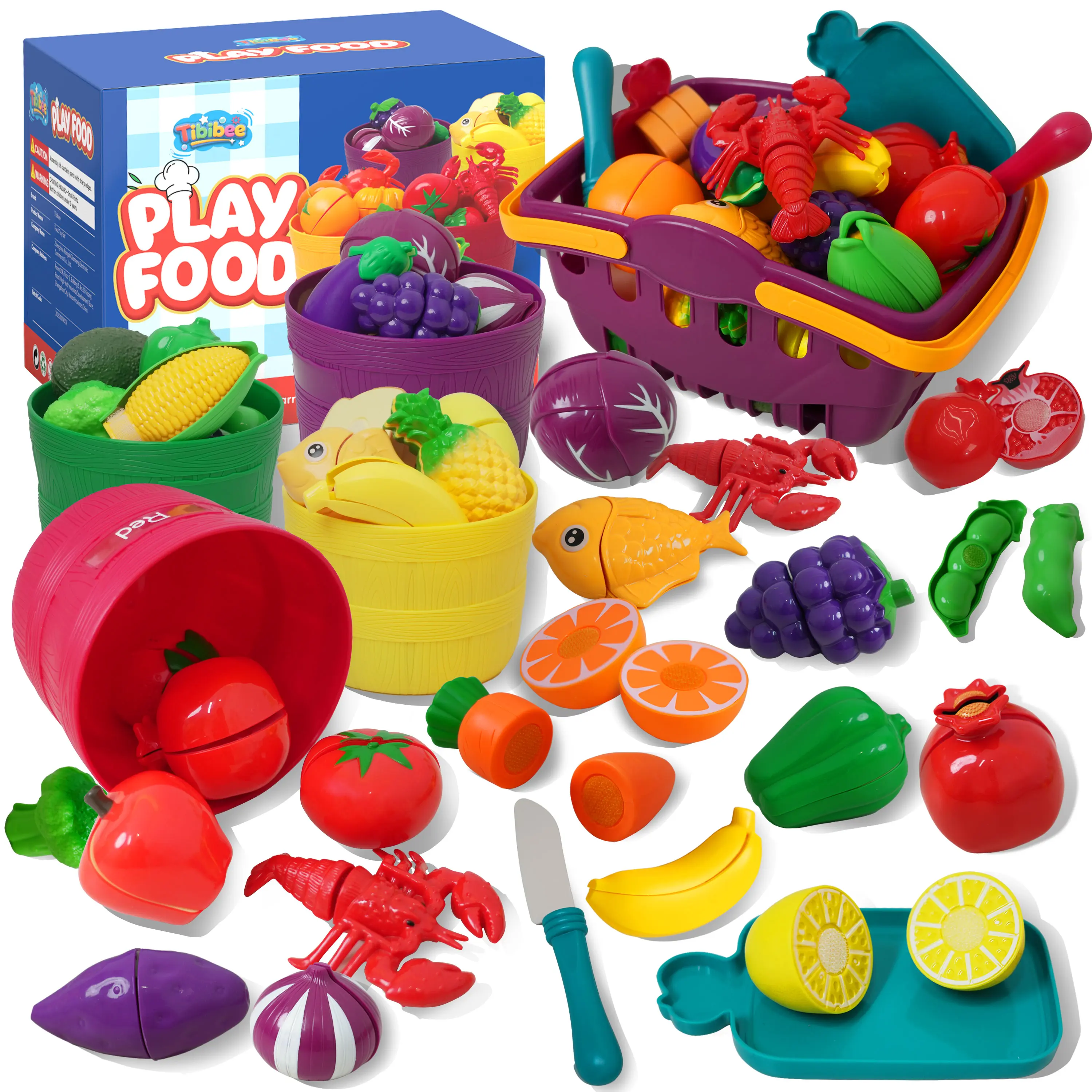 37Pcs Pretend Play Food Cutting Set, Velcro Fruits & Vegetables Kitchen Toys with Color Sorting Buckets and Portable Storage Basket. Realistic Cutting Play, Montessori Educational Toy, Fun Learning Gift for Toddlers and Kids Ages 3-5