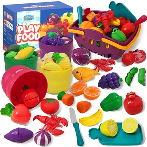 37Pcs Pretend Play Food Cutting Set with Color Sorting Buckets & Storage Basket - Velcro Fruits and Vegetables Kitchen Toys for Toddlers - Montessori Educational Gift for Kids Ages 3-5 mothersdaygift