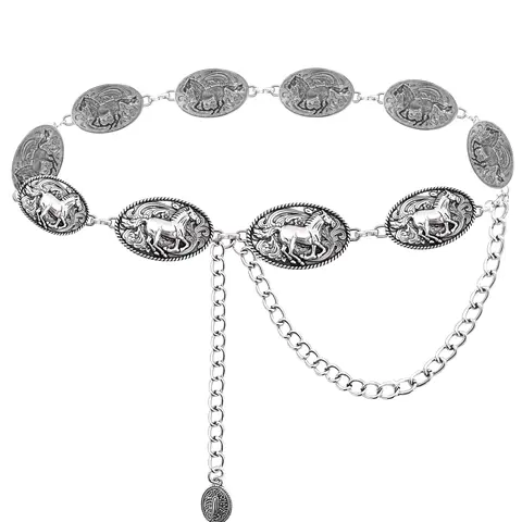 Women's Trendy Silver Electroplated Western Longhorn Concho Belt - Adjustable Metal Chain Wardrobe Accessory with Pattern for Jeans, Country Concerts