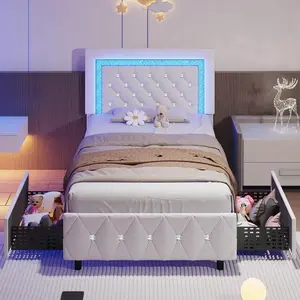 Twin/ Full/ Queen/ King Size Bed Frame With Storage Drawers, Upholstered LED Bed Frame With Headboard, Modern Platform Bed Frame With Headboard And Footboard, Diamond Tufted Design, No Box Spring Needed, Twin/ Full/ Queen/ King, Pink/ Black/ White/ Purple