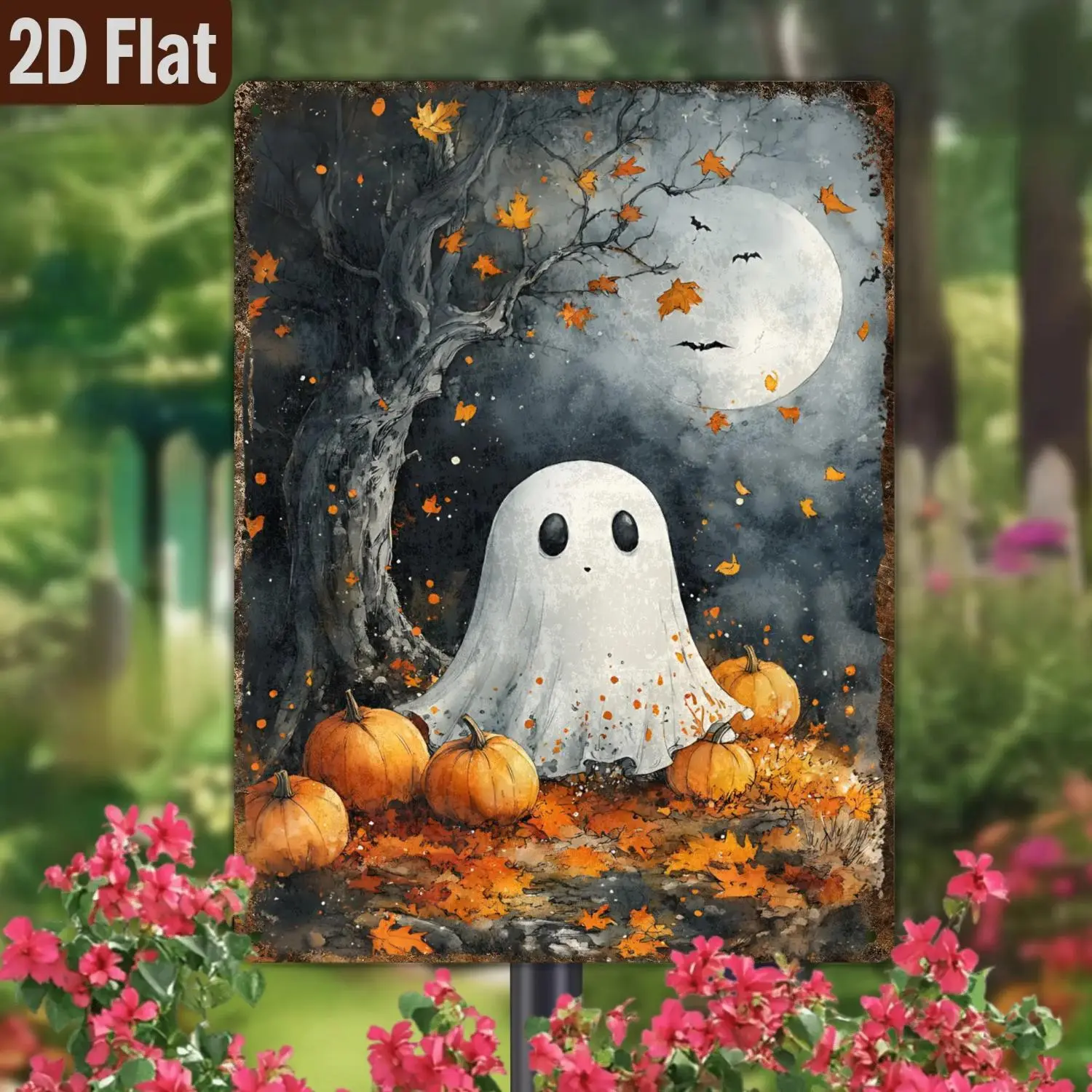2D Flat - iron iron 2D Flat Retro Halloween Tin Painting- Scary Ghosts, Pumpkins, and Moonlit Night Scene- Easy to Hang Wall Decoration, Pre-Drilled Holes- No Electricity Required- Indoor/Outdoor Decoration Suitable for Home, Parties
