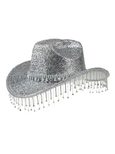 Silver Color Glitter Rhinestone Fringe Denim Hat, Glamour Party Festival Western Style, Loose-Fitting Fish Scales Design, All Season Wear, Fringe Detailing, Fish Scale Pattern