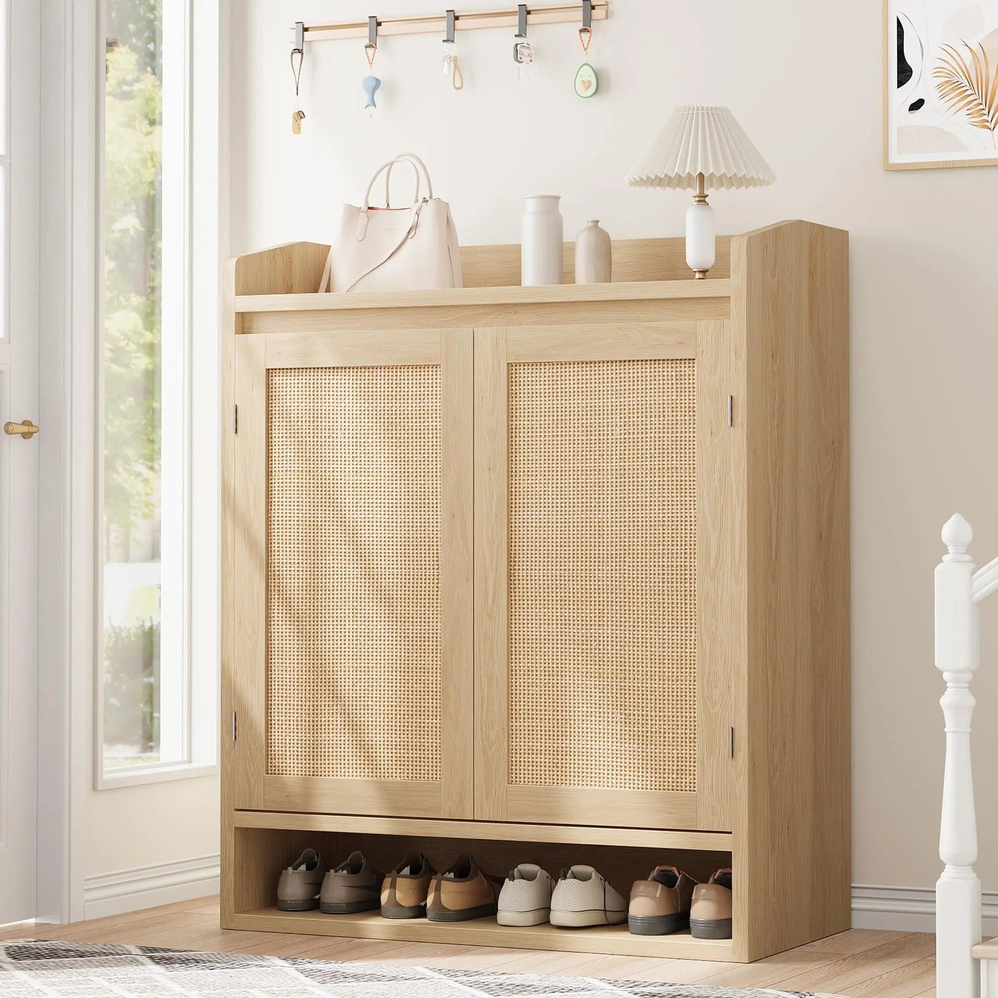 GARVEE Natural Oak Rattan Weave Shoe Cabinet with Wooden Base, Boho Wooden Shoe Organizer with Adjustable Shelves for Entryway, Hallway