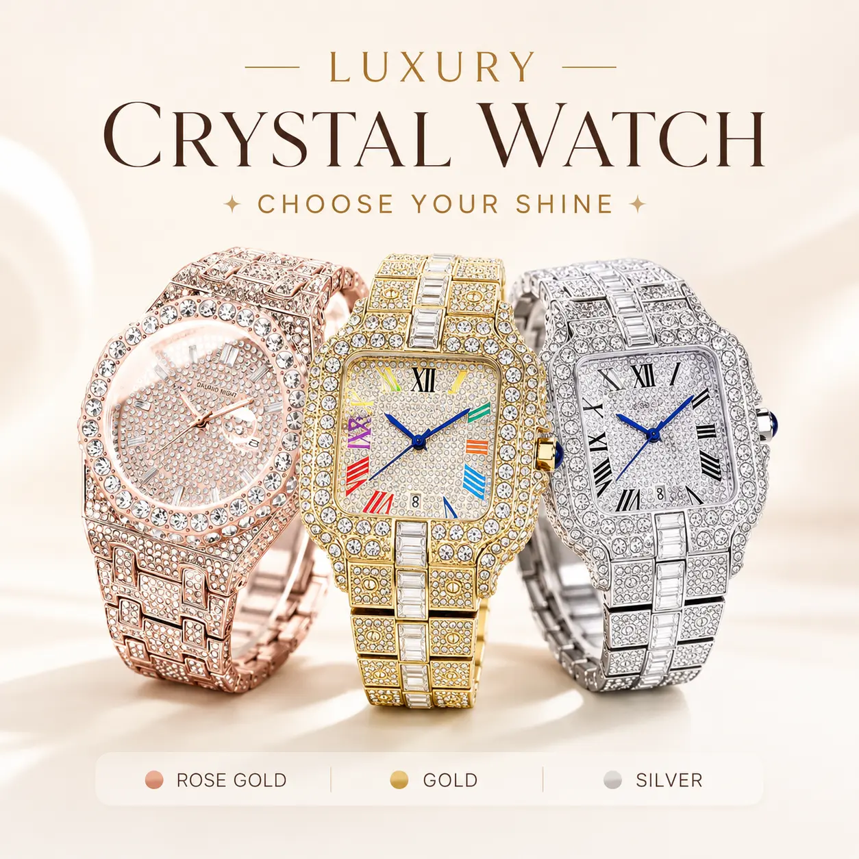 Luxury Crystal Diamond Watch for Women – Rose Gold Rhinestone Quartz Wrist Watch, Fashion Dress Watch, Gift for Her