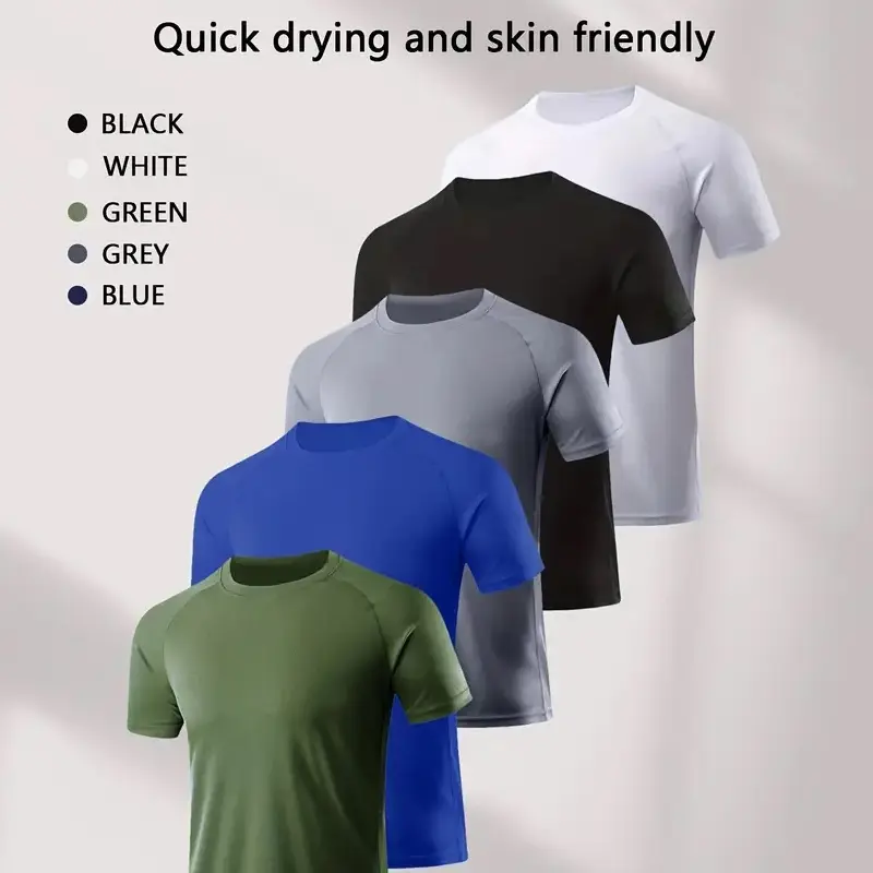 Men's 5-Pieces Solid Color Crew Neck Athletic Wear Tees, Quick-Dry Breathable Polyester Gym Tops, Fitness Clothes Tops for Casual Fitness & Training Wear